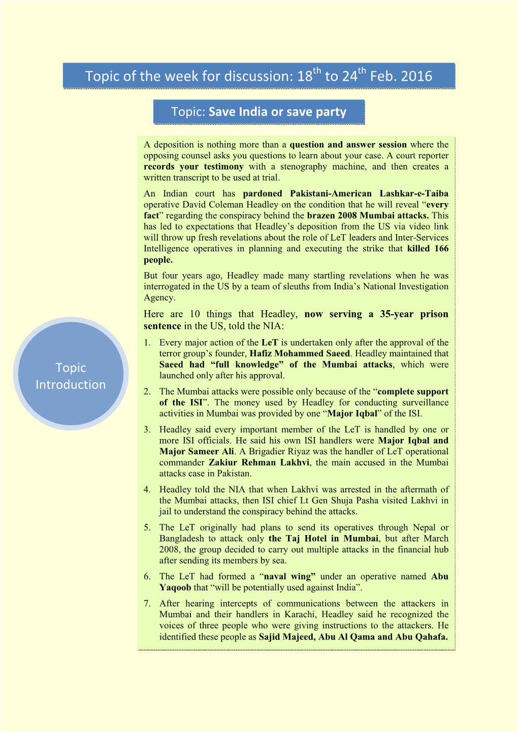 Topic of the Week for Discussion: 18Th to 24 Th Feb