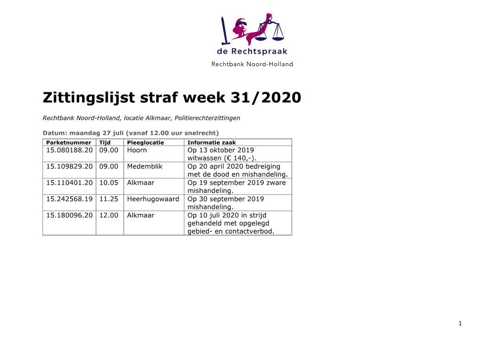 Zittingslijst Straf Week 31/2020