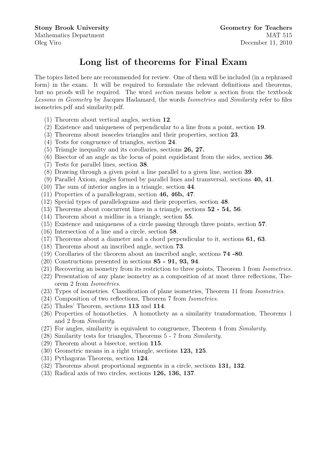 Long List of Theorems for Final Exam