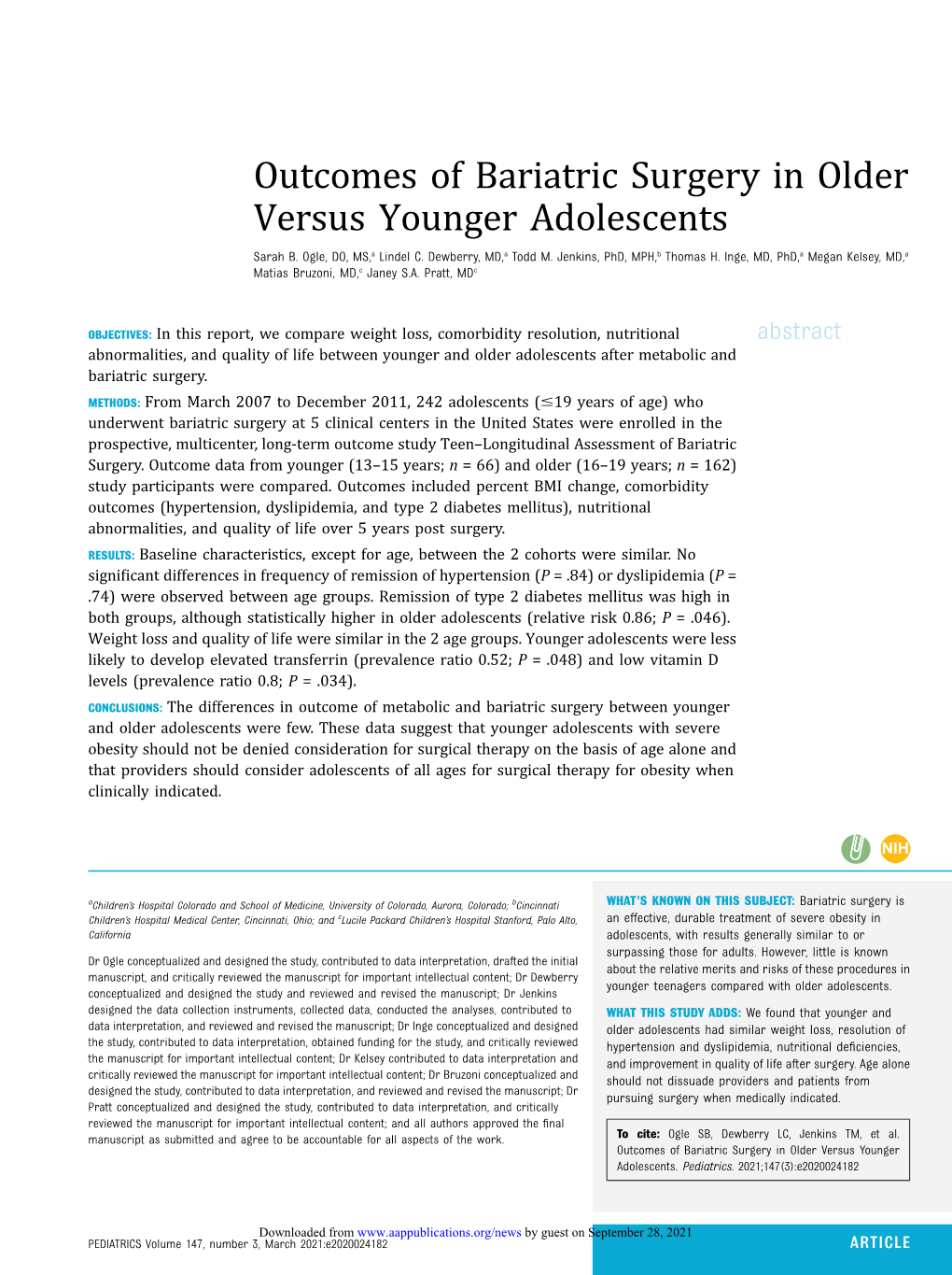 Outcomes of Bariatric Surgery in Older Versus Younger Adolescents Sarah B