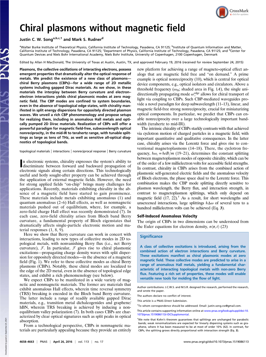 Chiral Plasmons Without Magnetic Field