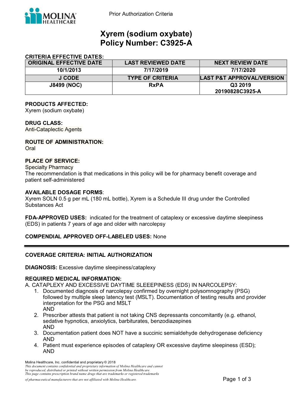 Sodium Oxybate) Policy Number: C3925-A