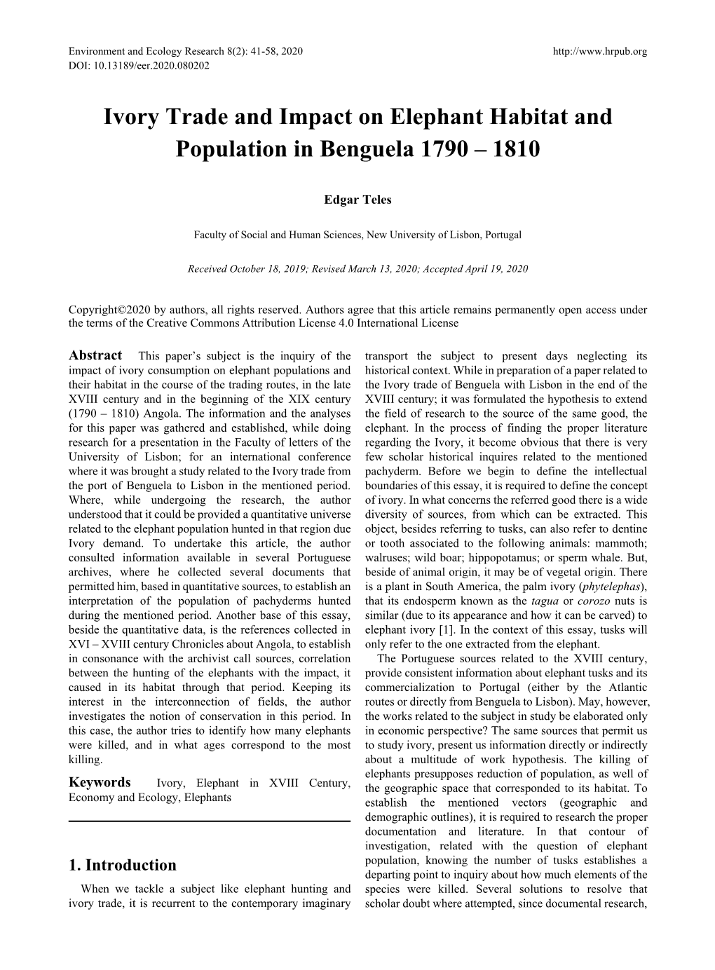 Ivory Trade and Impact on Elephant Habitat and Population in Benguela 1790 – 1810