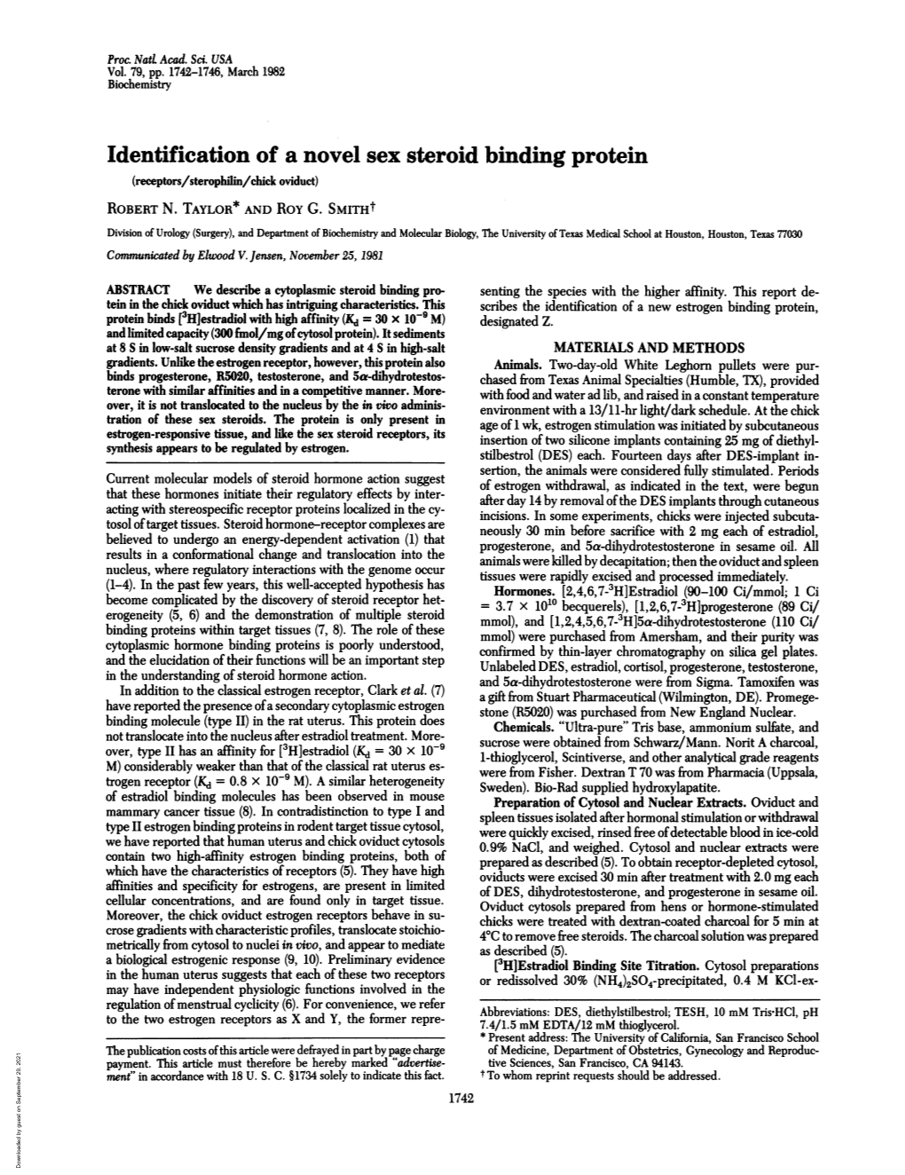 Identification of a Novel Sex Steroid Binding Protein (Receptors/Sterophilin/Chick Oviduct) ROBERT N