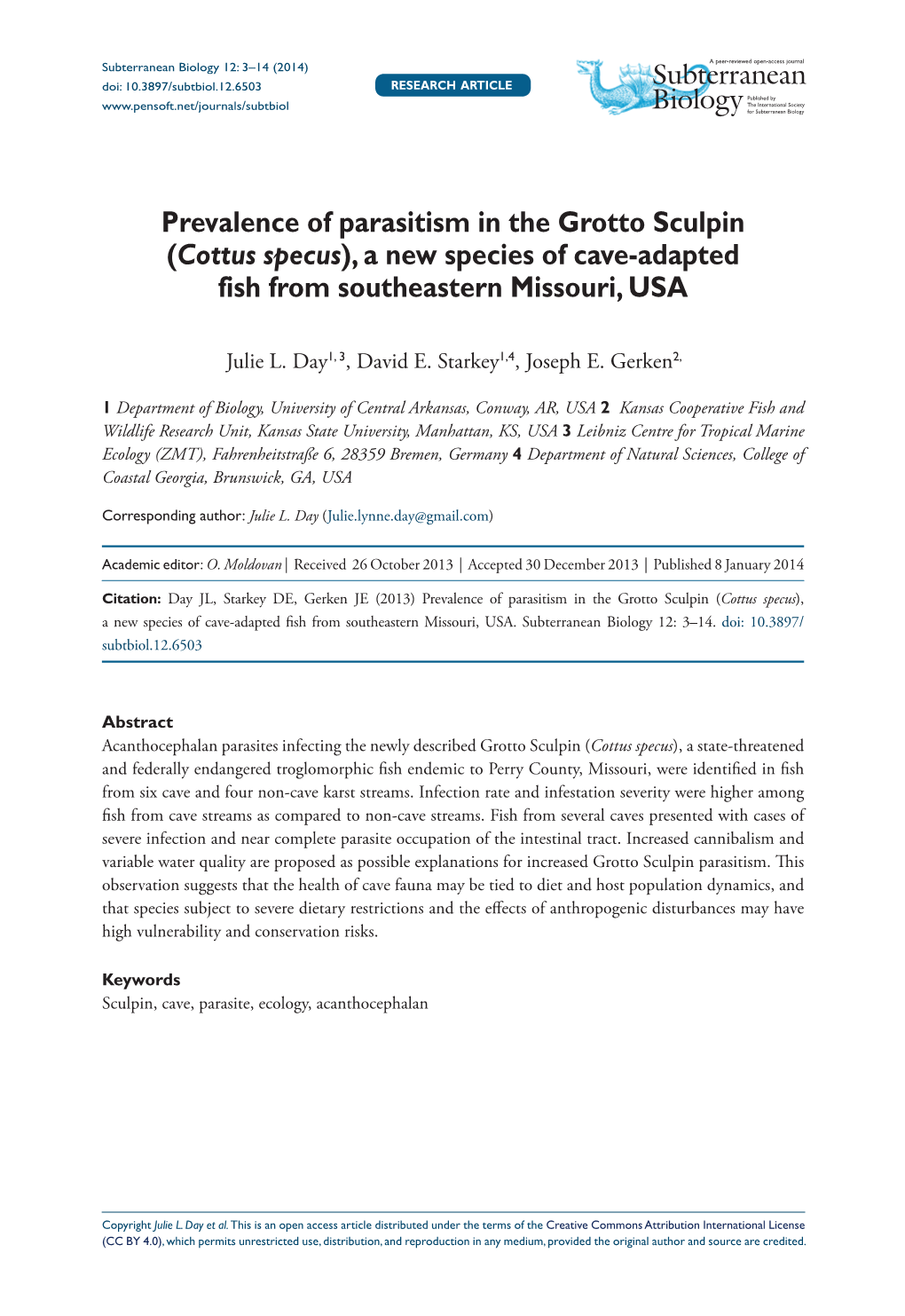 Prevalence of Parasitism in the Grotto Sculpin (Cottus Specus), a New Species of Cave-Adapted Fish from Southeastern Missouri, USA