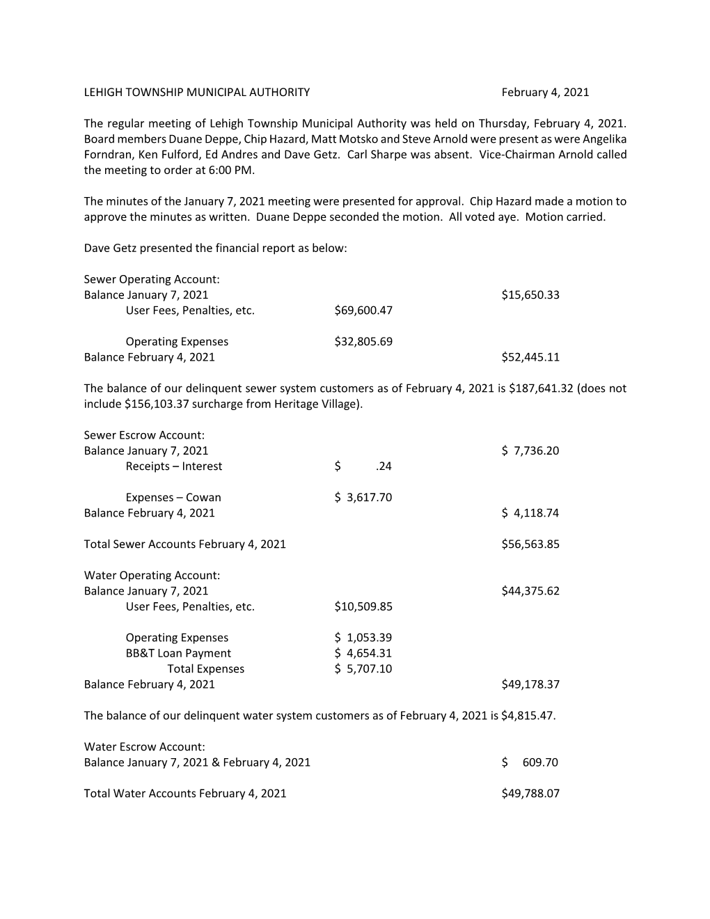 LEHIGH TOWNSHIP MUNICIPAL AUTHORITY February 4, 2021 The