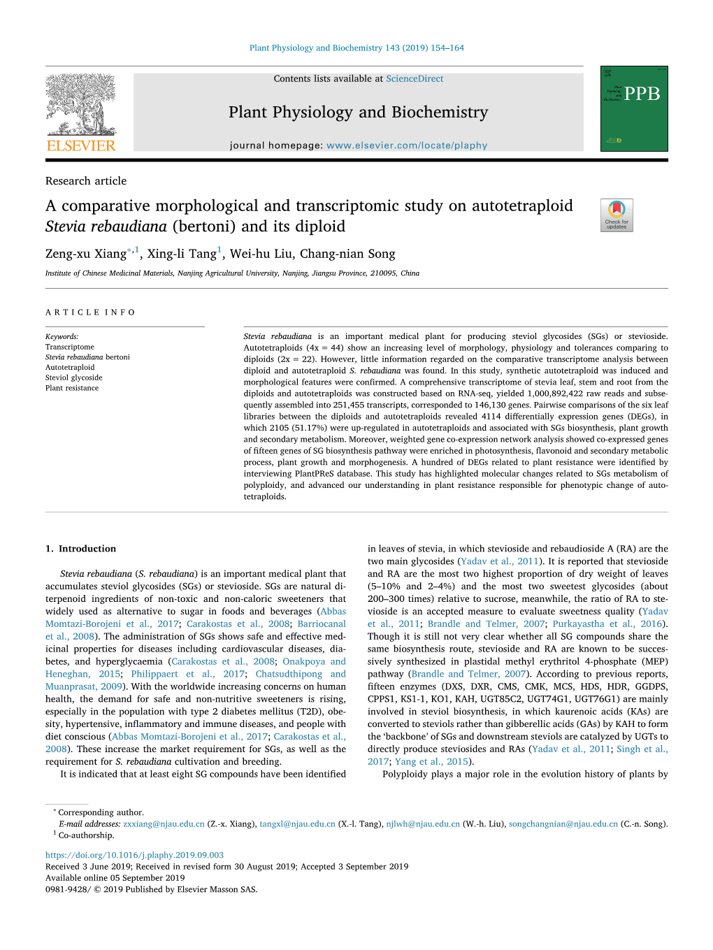 A Comparative Morphological and Transcriptomic Study on Autotetraploid Stevia Rebaudiana (Bertoni) and Its Diploid T