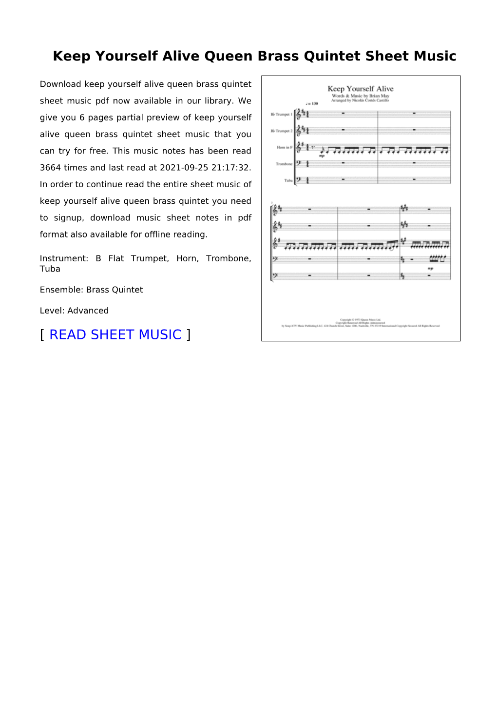 Keep Yourself Alive Queen Brass Quintet Sheet Music