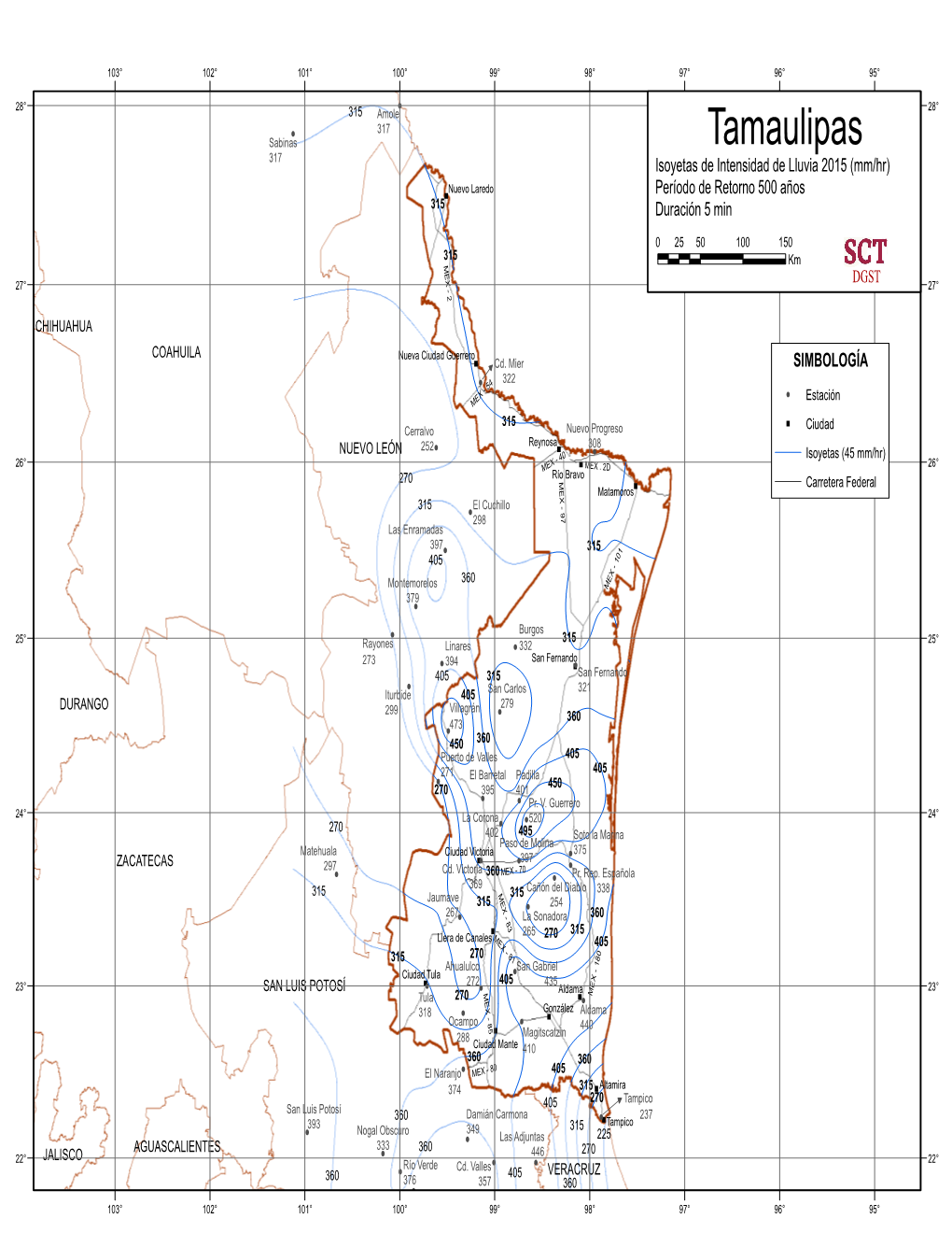 Tamaulipas 317 Isoyetas De Intensidad De Lluvia 2015 (Mm/Hr)