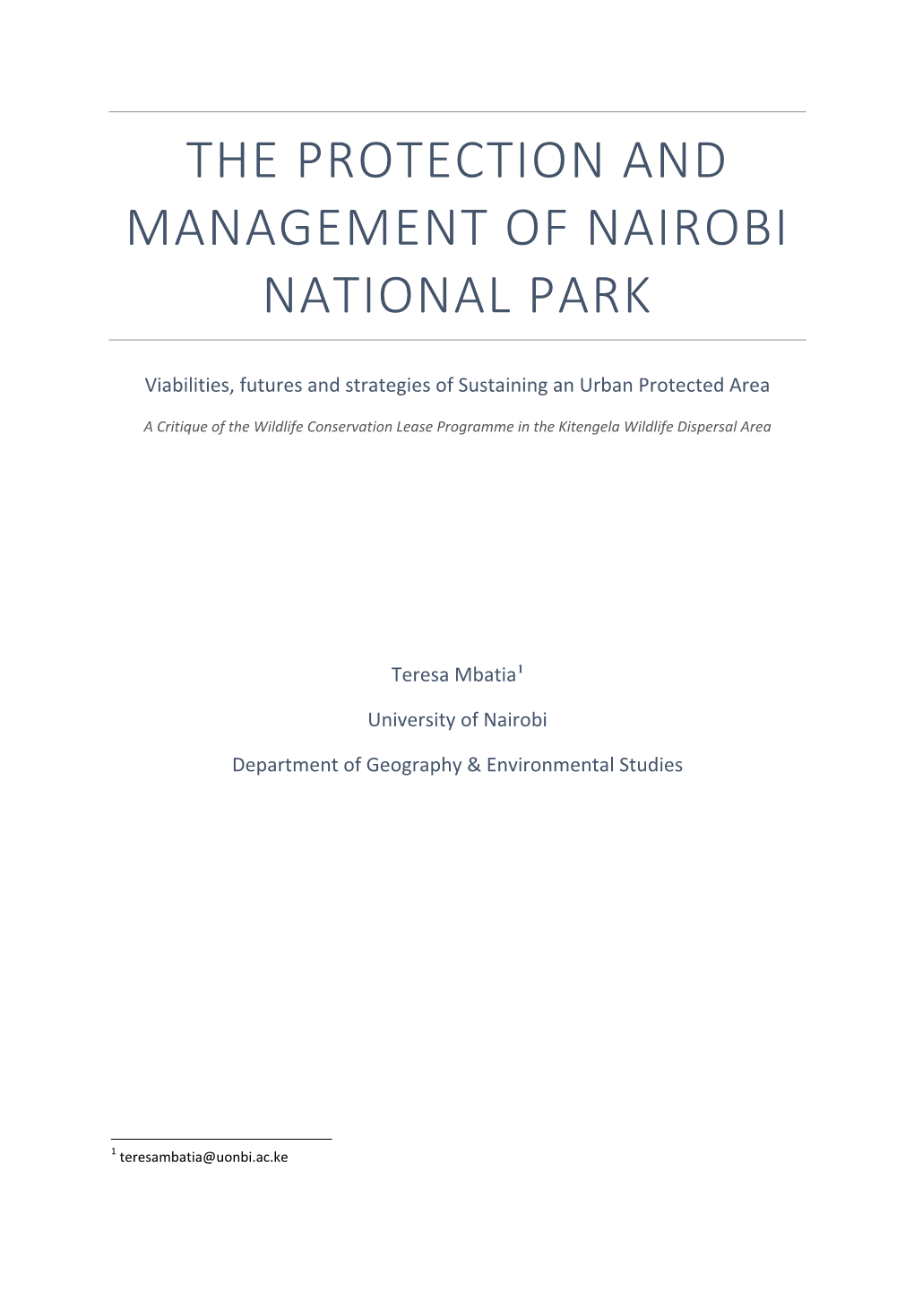 The Protection and Management of Nairobi National Park