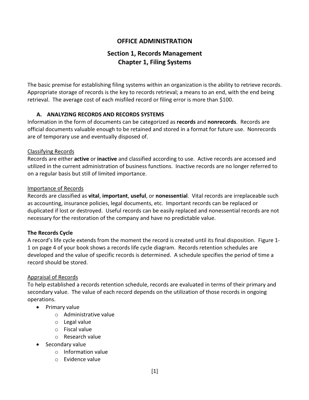 OFFICE ADMINISTRATION Section 1, Records Management Chapter 1, Filing Systems