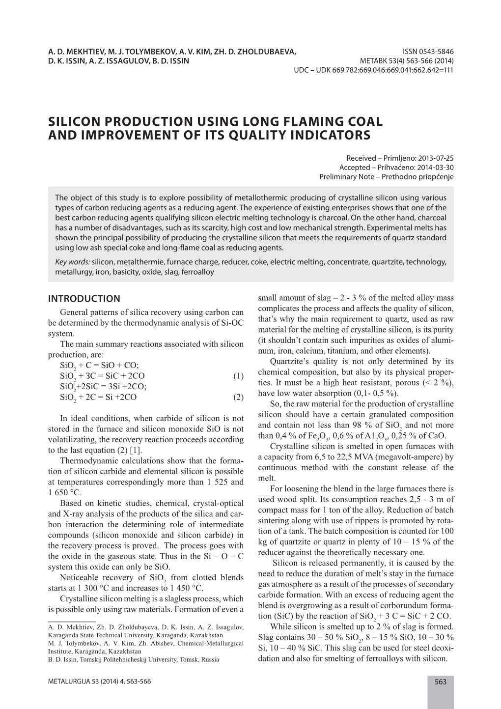 Silicon Production Using Long Flaming Coal and Improvement of Its Quality Indicators