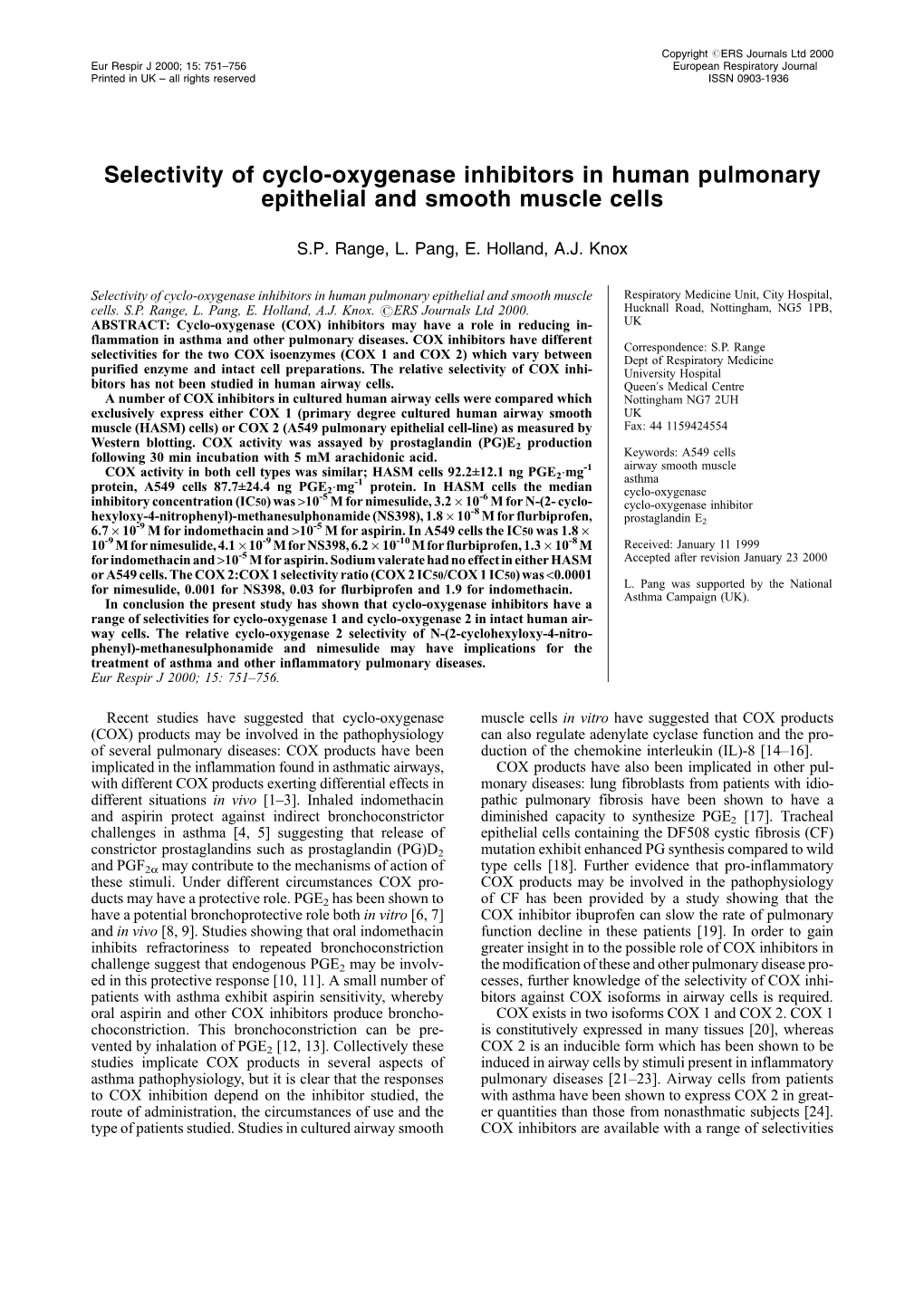 Selectivity of Cyclo-Oxygenase Inhibitors in Human Pulmonary Epithelial and Smooth Muscle Cells