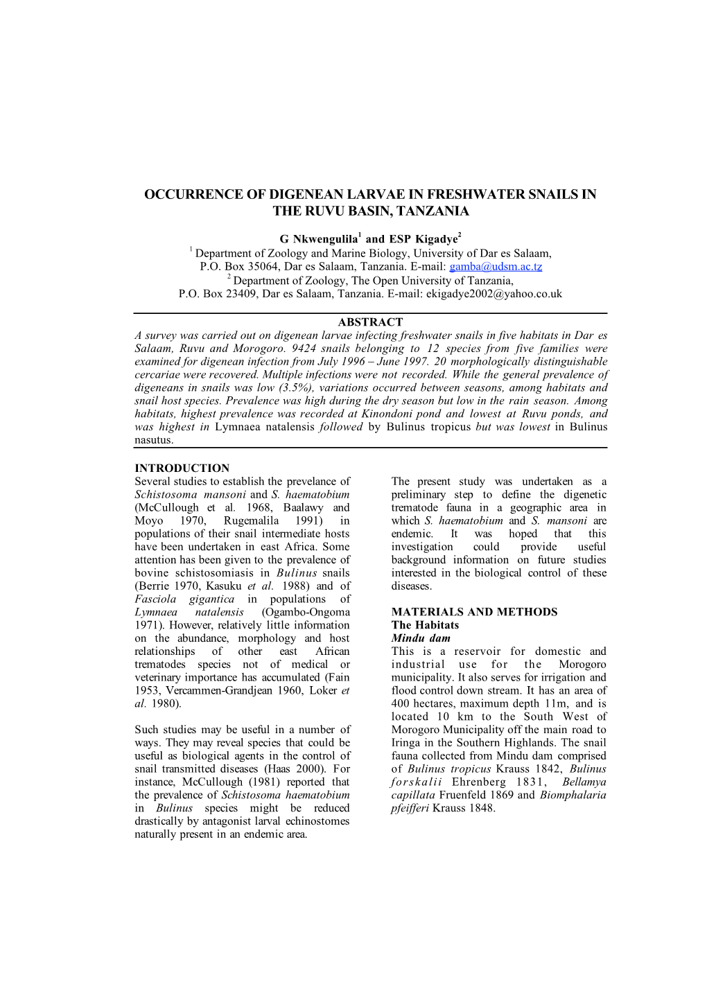 Occurrence of Digenean Larvae in Freshwater Snails in the Ruvu Basin, Tanzania