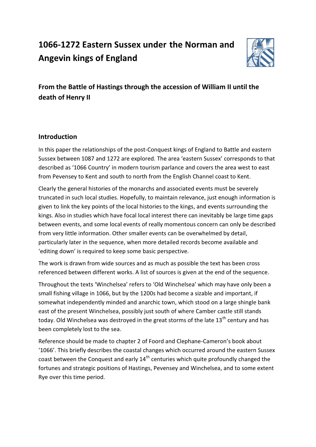 1066-1272 Eastern Sussex Under the Norman and Angevin Kings of England