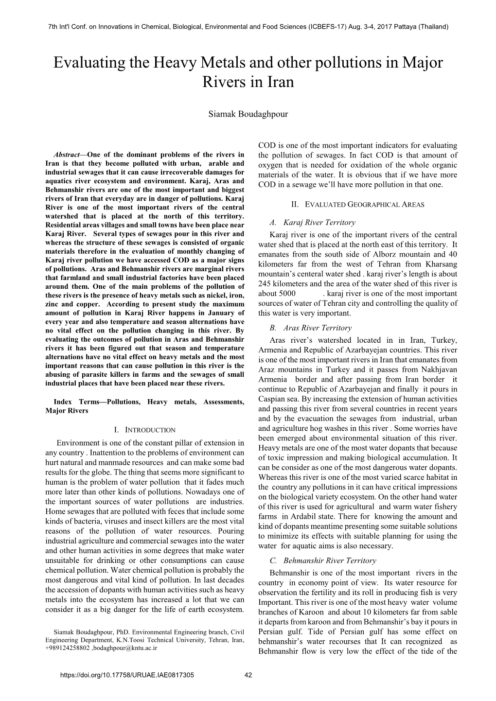 Evaluating the Heavy Metals and Other Pollutions in Major Rivers in Iran