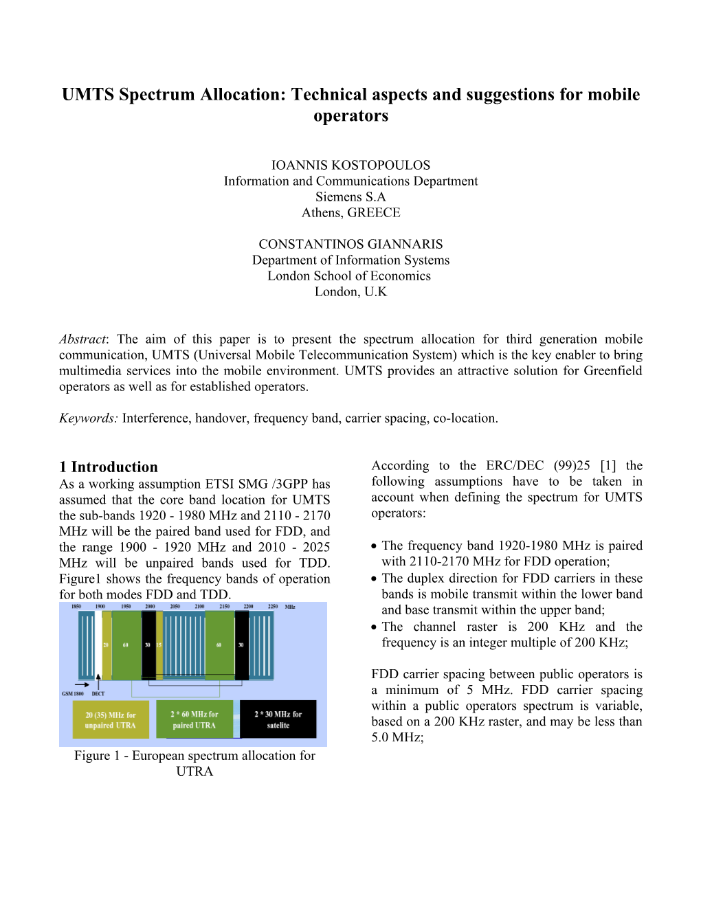 UMTS Spectrum Allocation: Technical Aspects and Suggestions for Mobile Operators