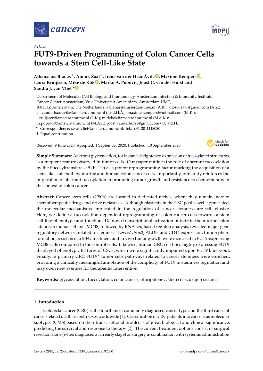 FUT9-Driven Programming of Colon Cancer Cells Towards a Stem Cell-Like State