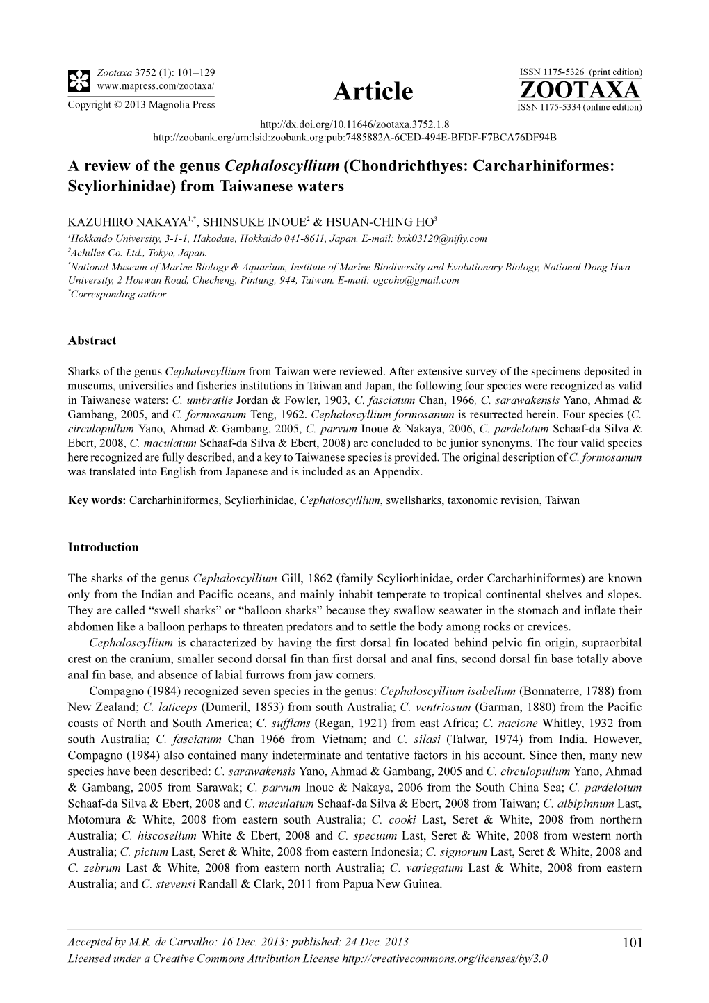 A Review of the Genus Cephaloscyllium (Chondrichthyes: Carcharhiniformes: Scyliorhinidae) from Taiwanese Waters