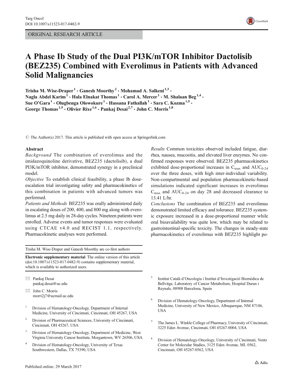 A Phase Ib Study of the Dual PI3K/Mtor Inhibitor Dactolisib (BEZ235) Combined with Everolimus in Patients with Advanced Solid Malignancies