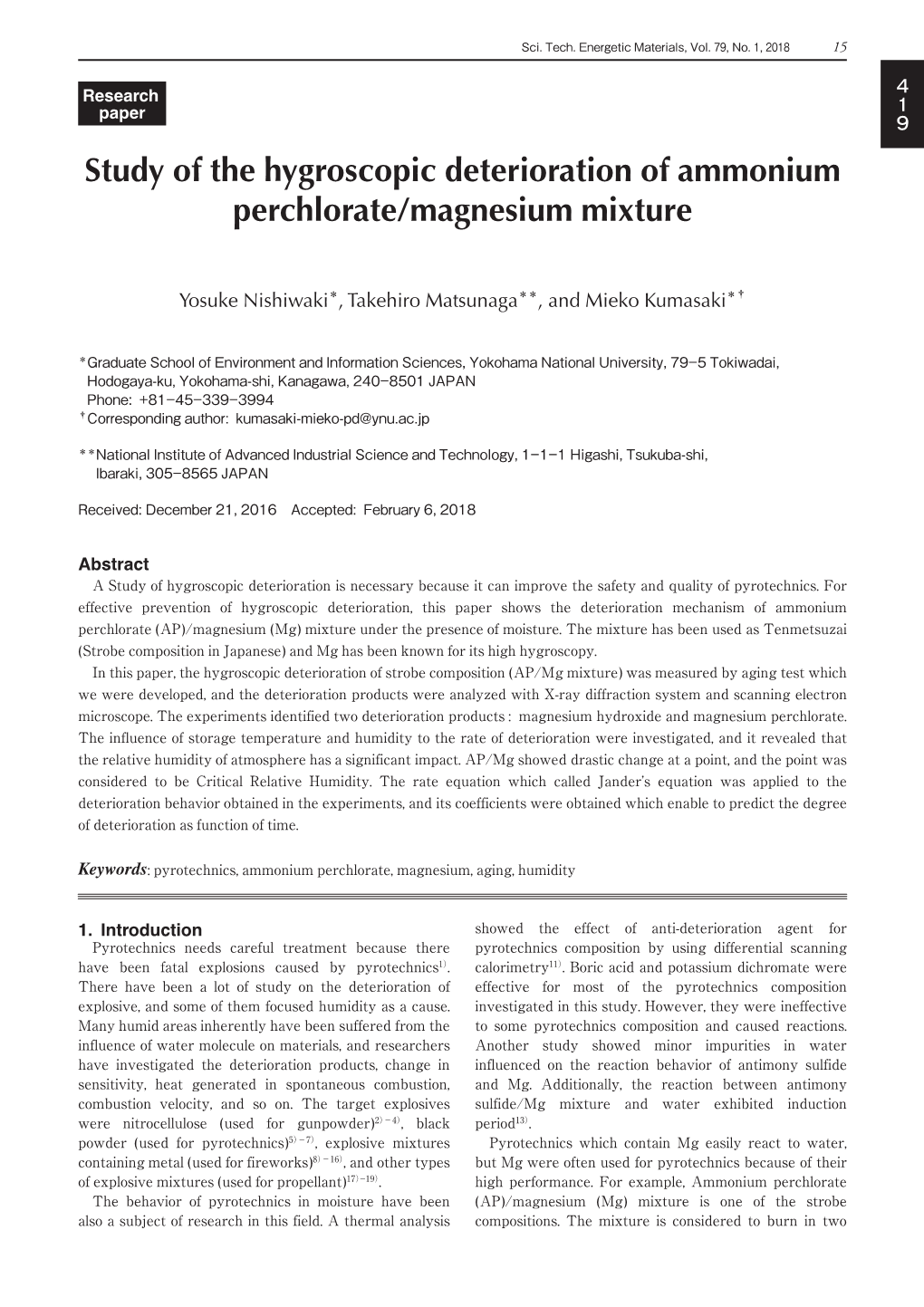 Study of the Hygroscopic Deterioration of Ammonium Perchlorate / Magnesium Mixture