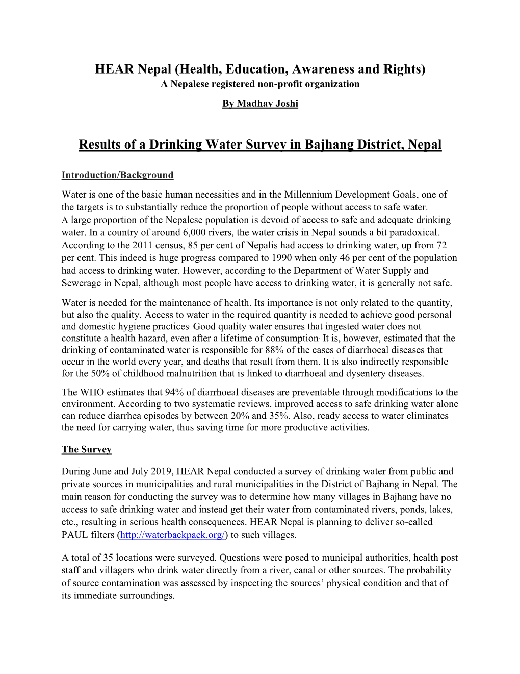 Results of a Drinking Water Survey in Bajhang District, Nepal