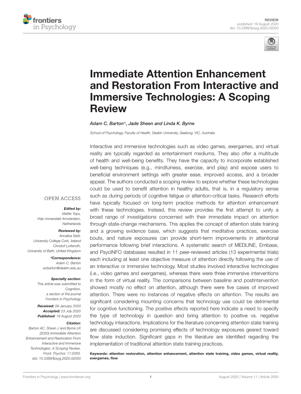 Immediate Attention Enhancement and Restoration from Interactive and Immersive Technologies: a Scoping Review