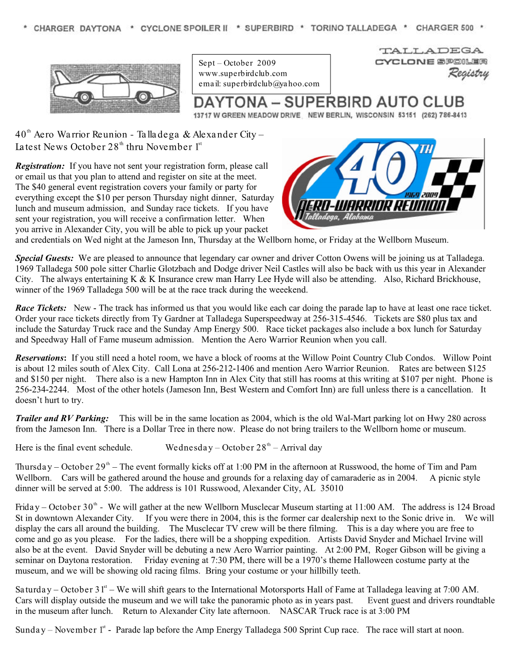 40Th Aero Warrior Reunion - Talladega & Alexander City – Latest News October 28Th Thru November 1St