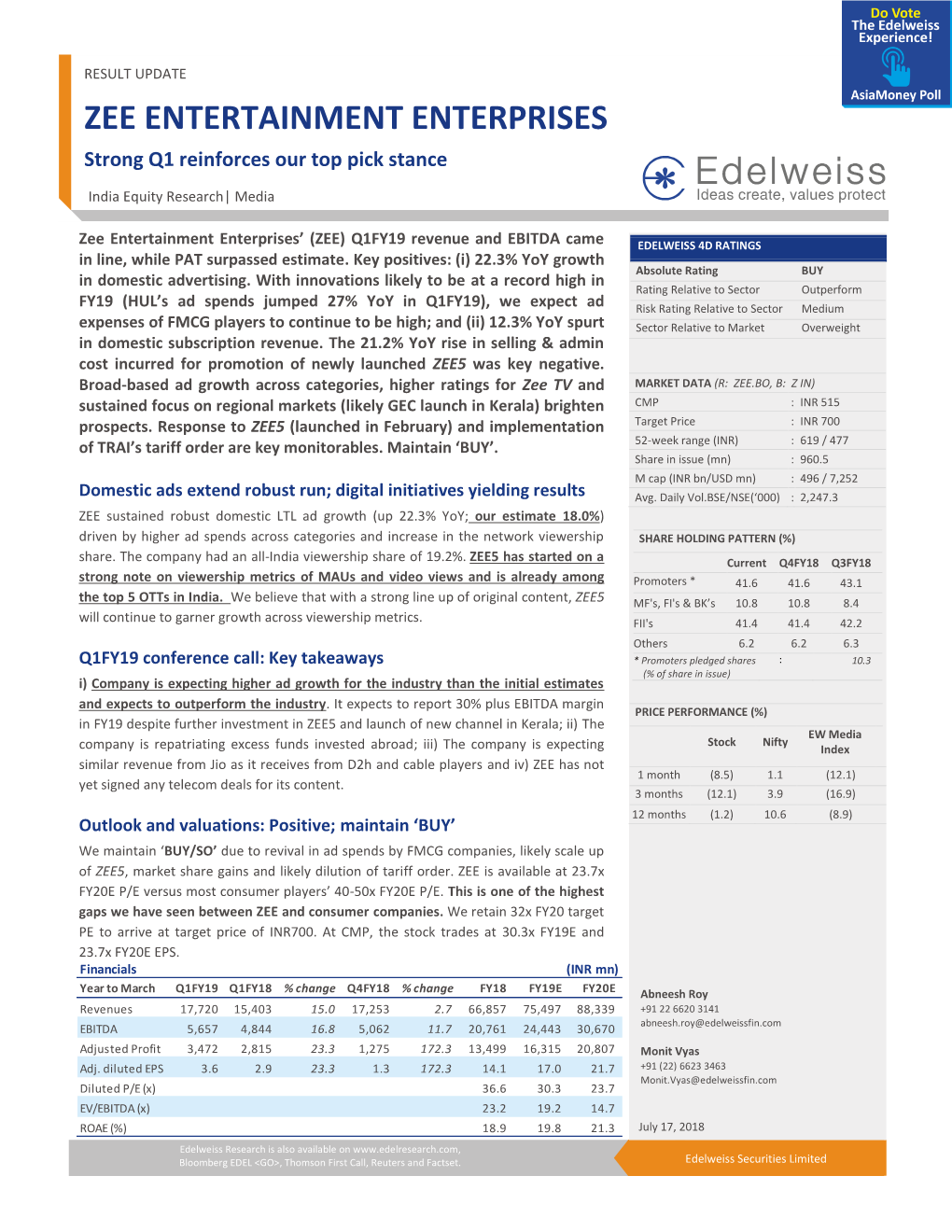 ZEE ENTERTAINMENT ENTERPRISES Strong Q1 Reinforces Our Top Pick Stance