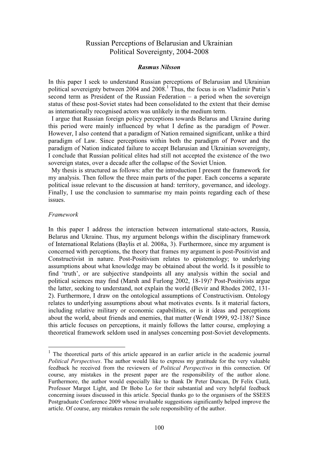 Russian Perceptions of Belarusian and Ukrainian Political Sovereignty, 2004-2008