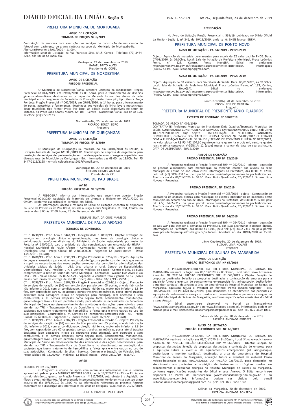 Seção 3 ISSN 1677-7069 Nº 247, Segunda-Feira, 23 De Dezembro De 2019