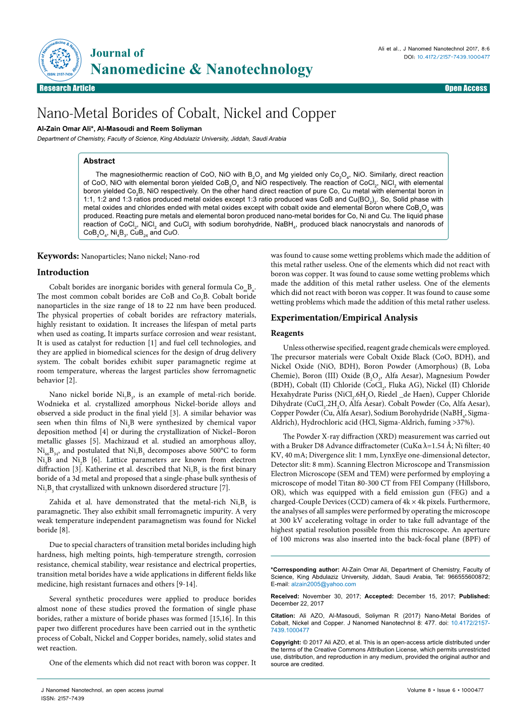 Nano-Metal Borides of Cobalt, Nickel and Copper