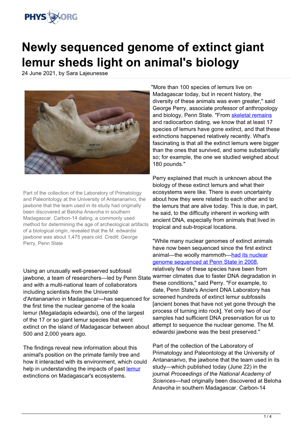 Newly Sequenced Genome of Extinct Giant Lemur Sheds Light on Animal's Biology 24 June 2021, by Sara Lajeunesse