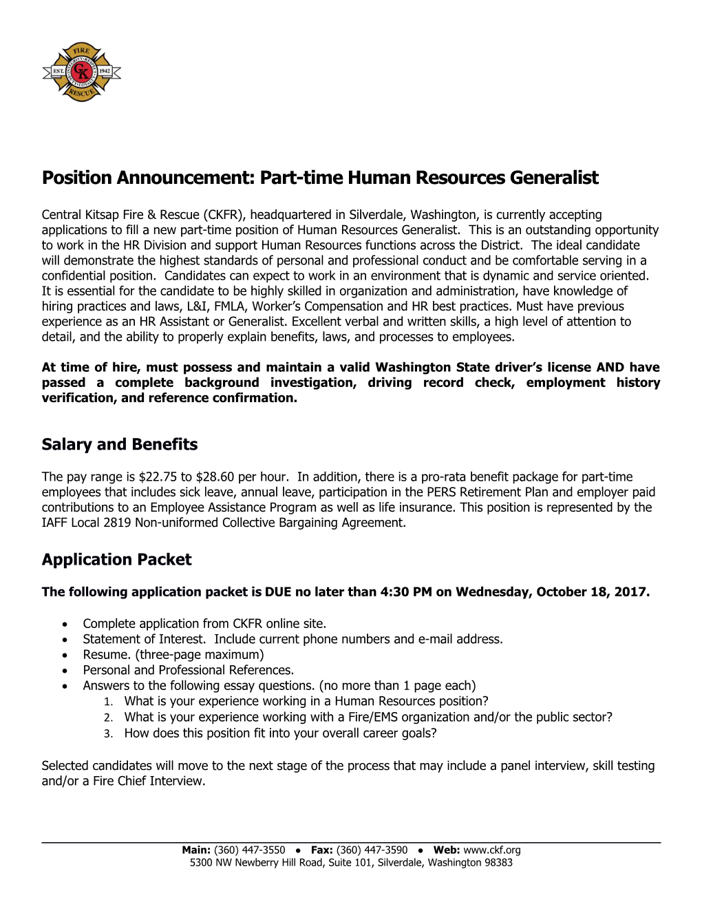 Position Announcement: Part-Time Human Resources Generalist