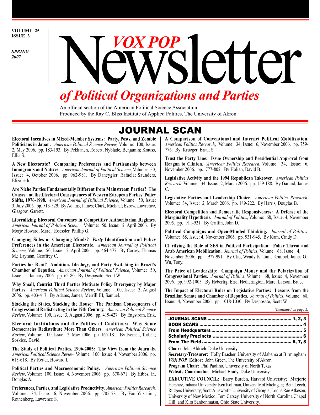 VOX POP SPRING 2007 Newsletter of Political Organizations and Parties an Official Section of the American Political Science Association Produced by the Ray C