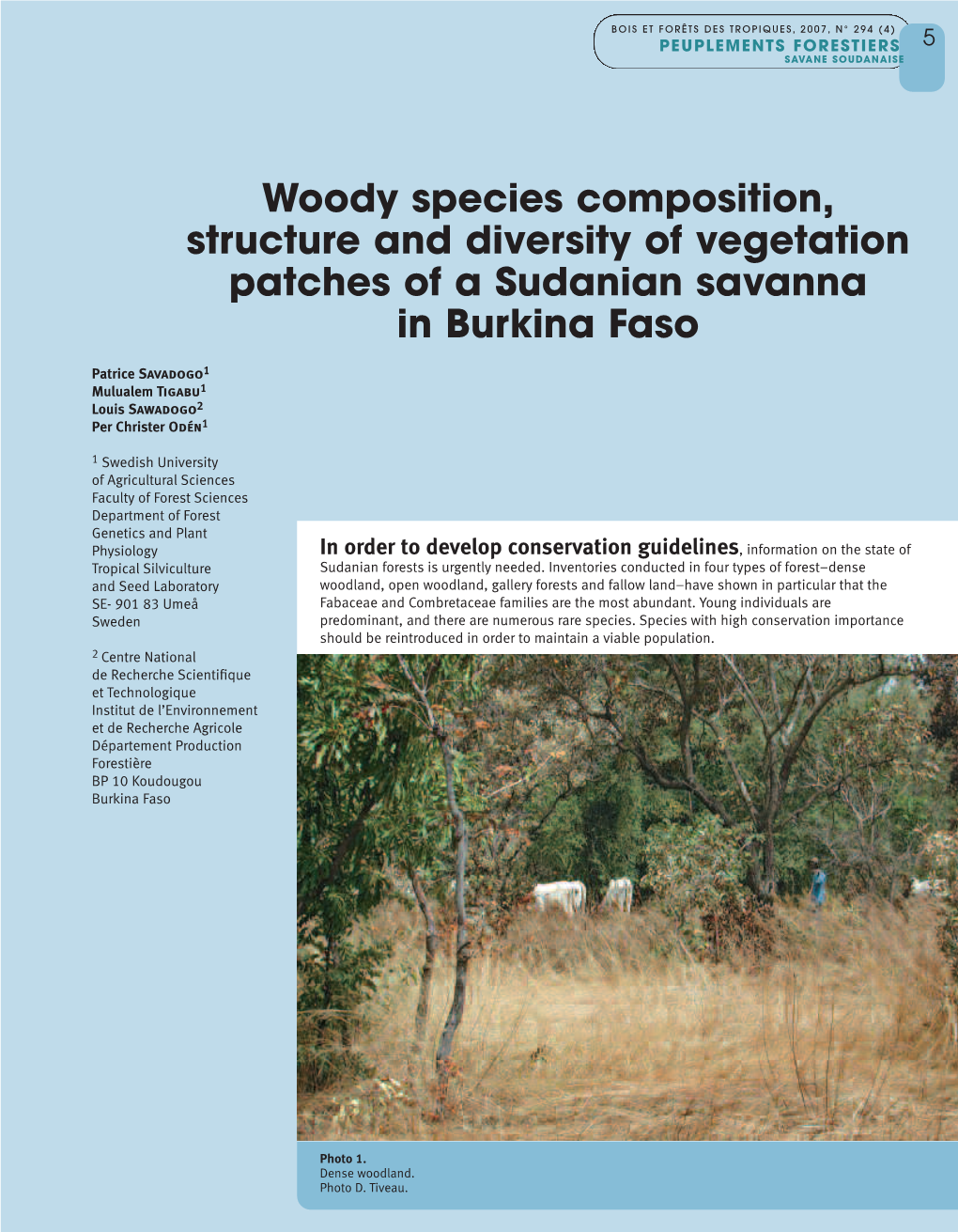 Woody Species Composition, Structure and Diversity of Vegetation Patches of a Sudanian Savanna in Burkina Faso