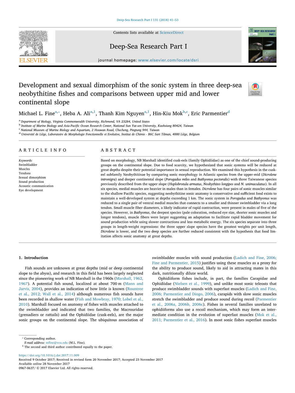 Development and Sexual Dimorphism of the Sonic System in Three Deep-Sea T Neobythitine ﬁshes and Comparisons Between Upper Mid and Lower Continental Slope ⁎ Michael L