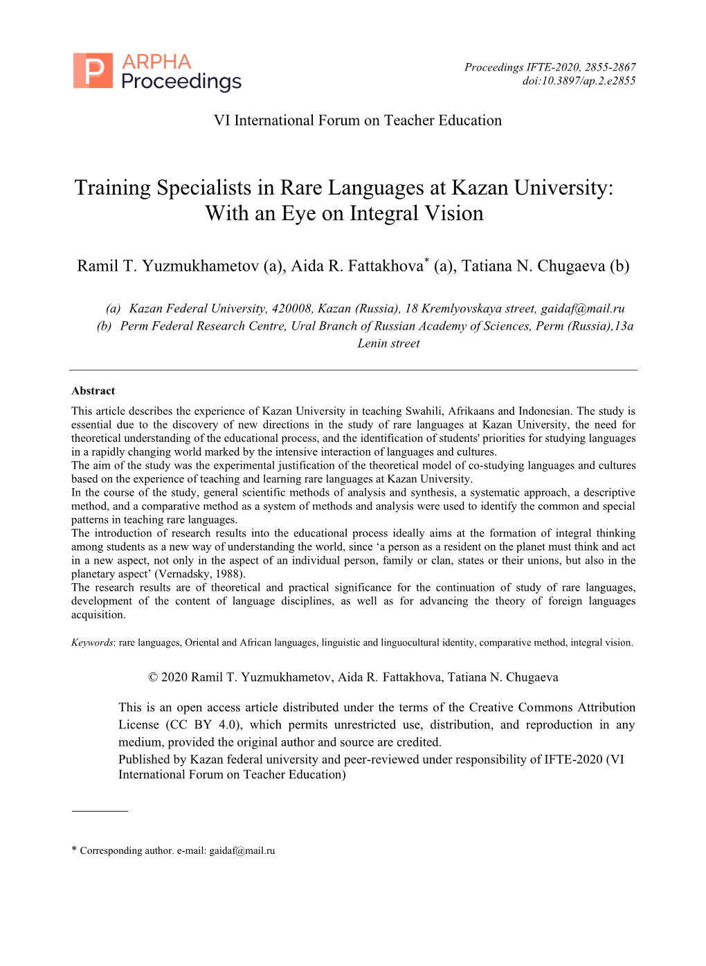 Training Specialists in Rare Languages at Kazan University: with an Eye on Integral Vision