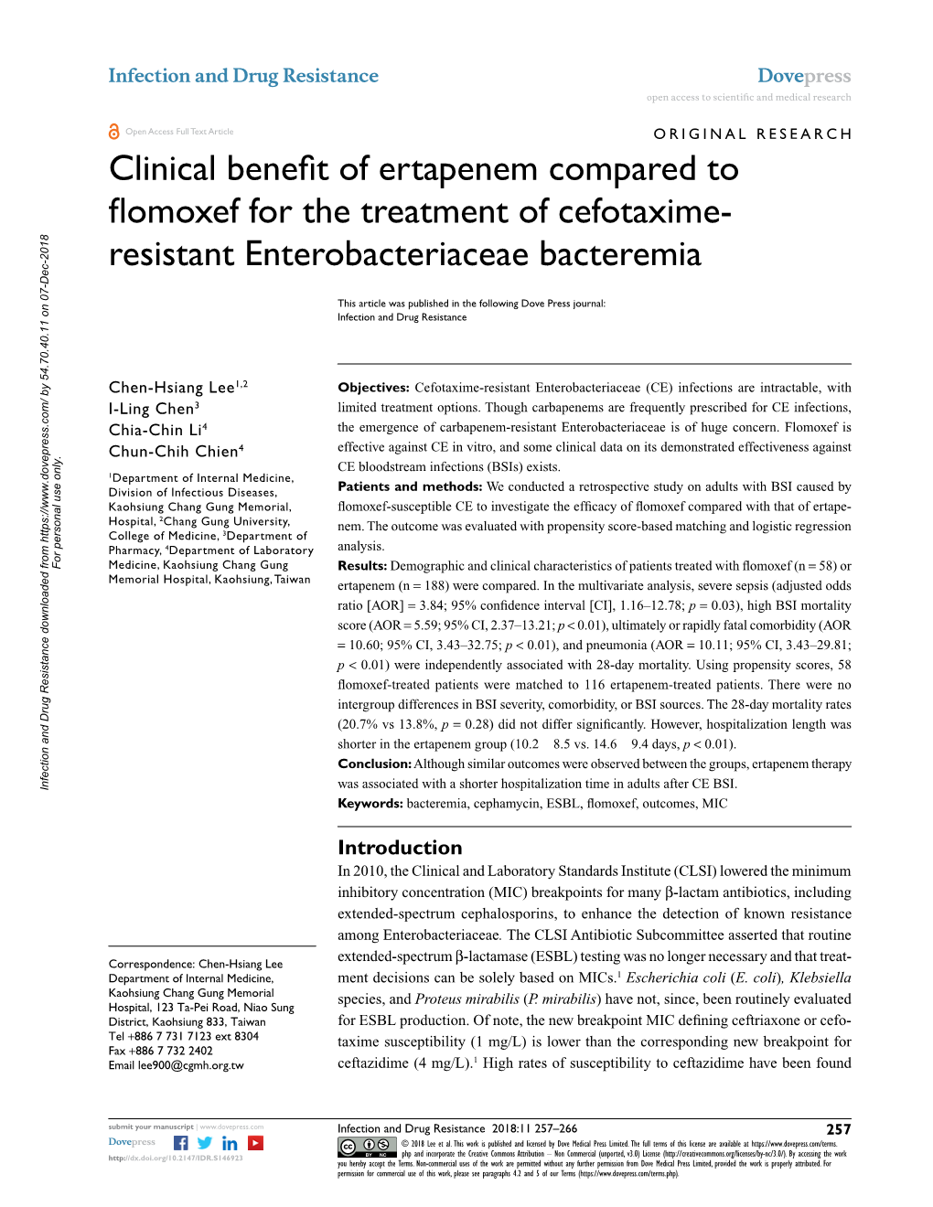 Clinical Benefit of Ertapenem Compared to Flomoxef for the Treatment of Cefotaxime- Resistant Enterobacteriaceae Bacteremia