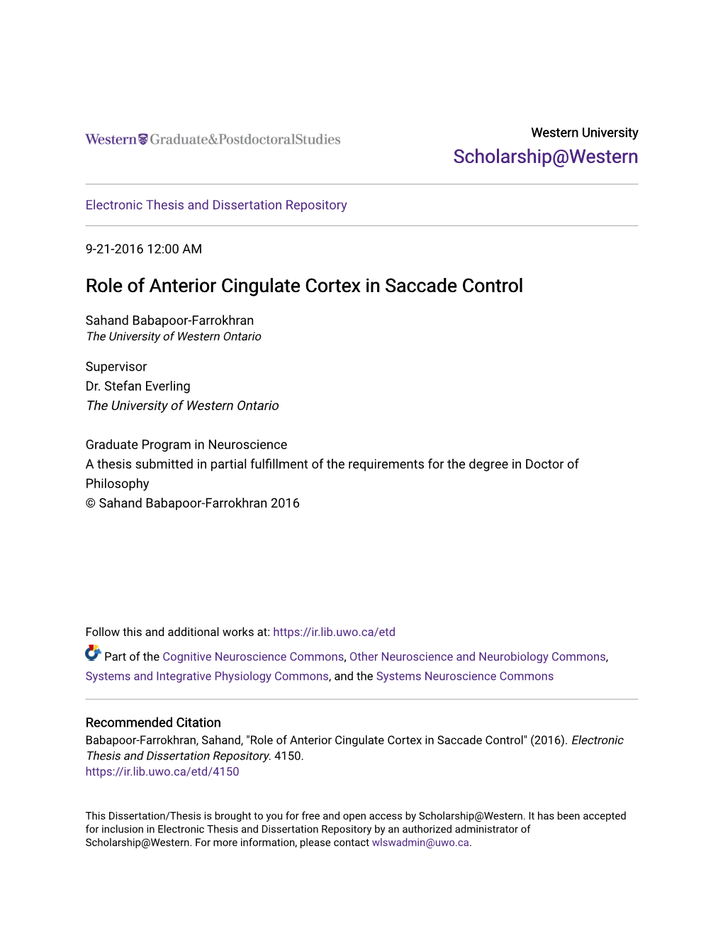 Role of Anterior Cingulate Cortex in Saccade Control