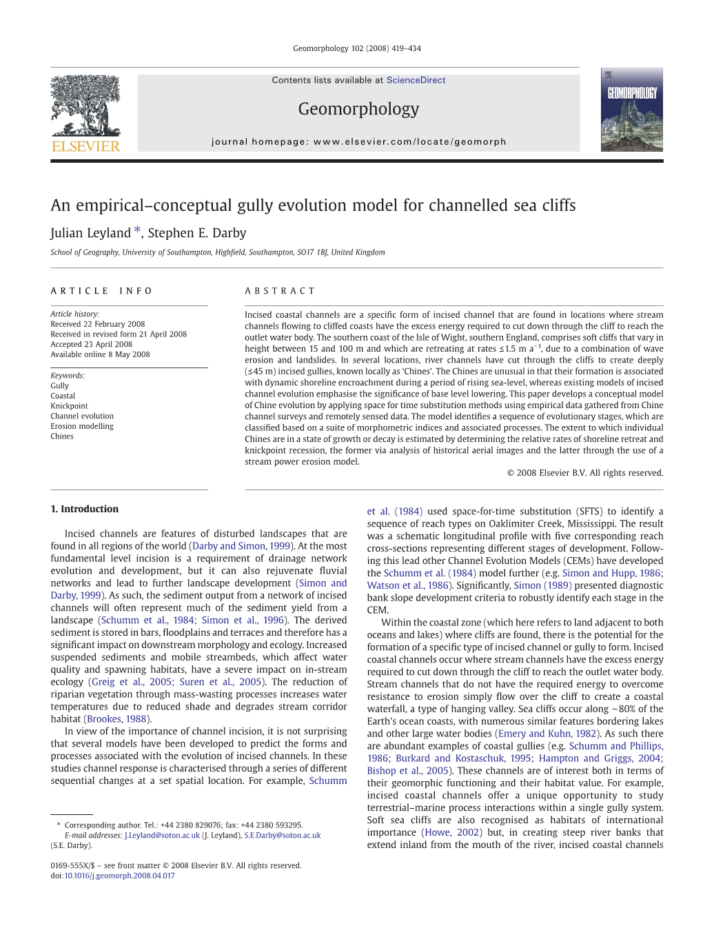 An Empirical–Conceptual Gully Evolution Model for Channelled Sea Cliffs