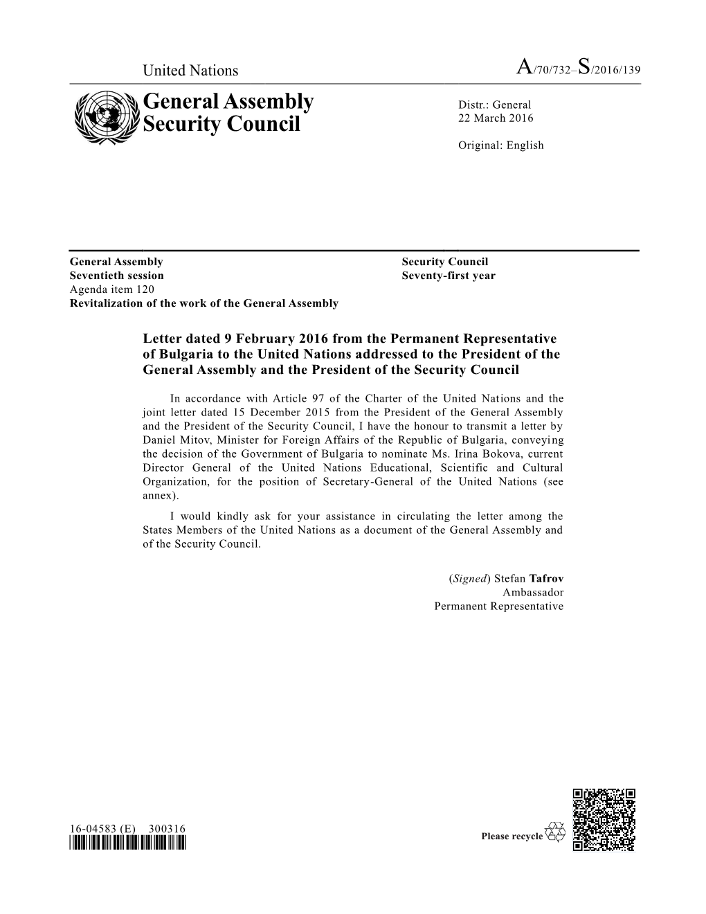 General Assembly Security Council Seventieth Session Seventy-First Year Agenda Item 120 Revitalization of the Work of the General Assembly