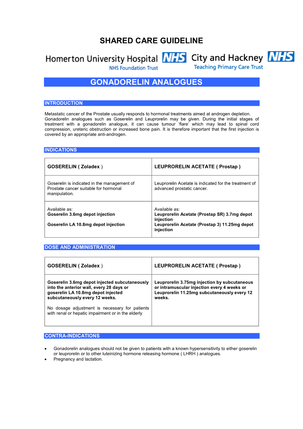 Shared Care Guideline Gonadorelin Analogues