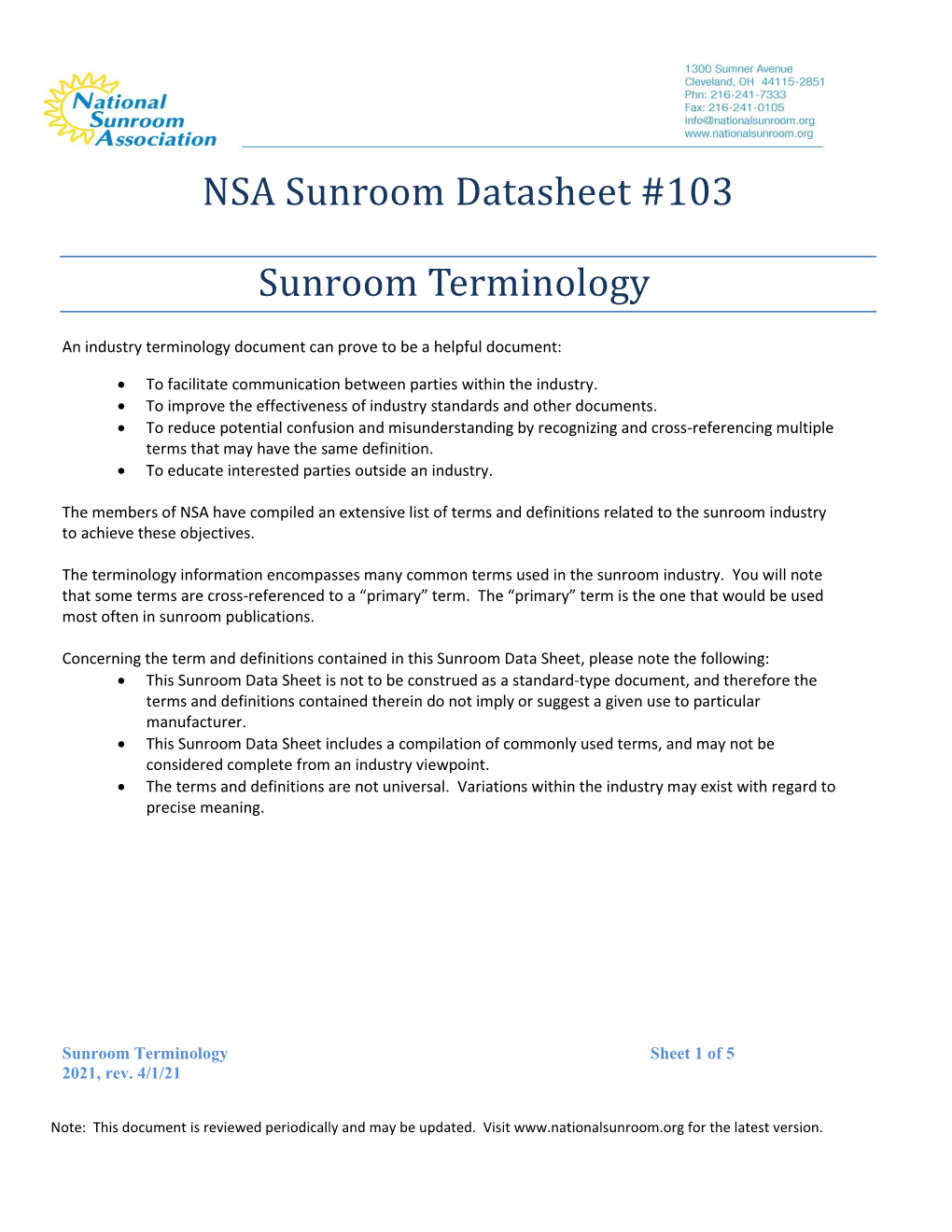 NSA Sunroom Datasheet #103 Sunroom Terminology