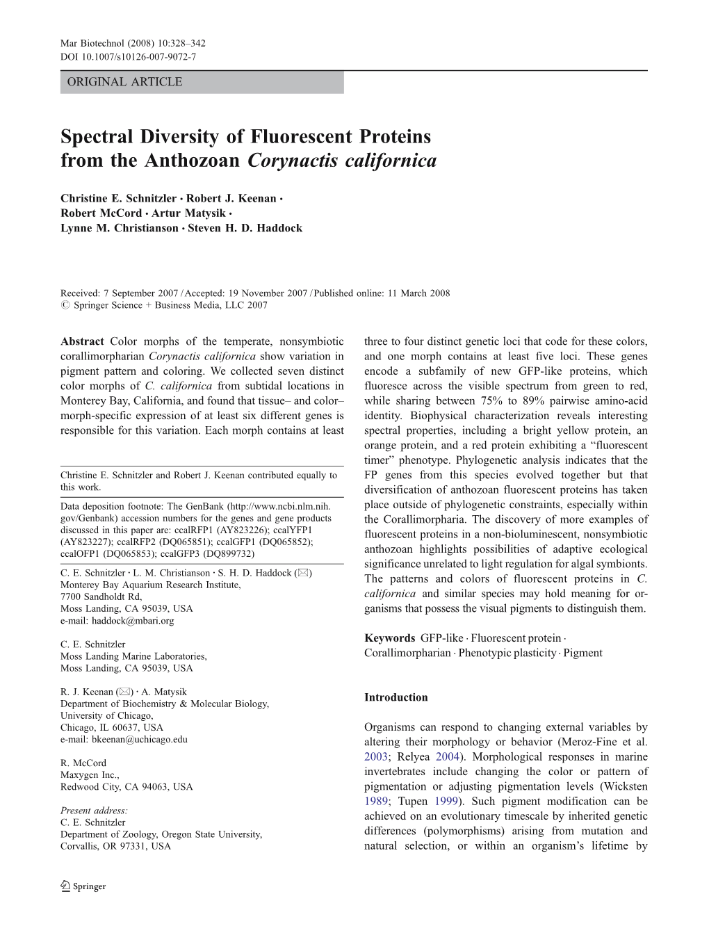 Spectral Diversity of Fluorescent Proteins from the Anthozoan Corynactis Californica