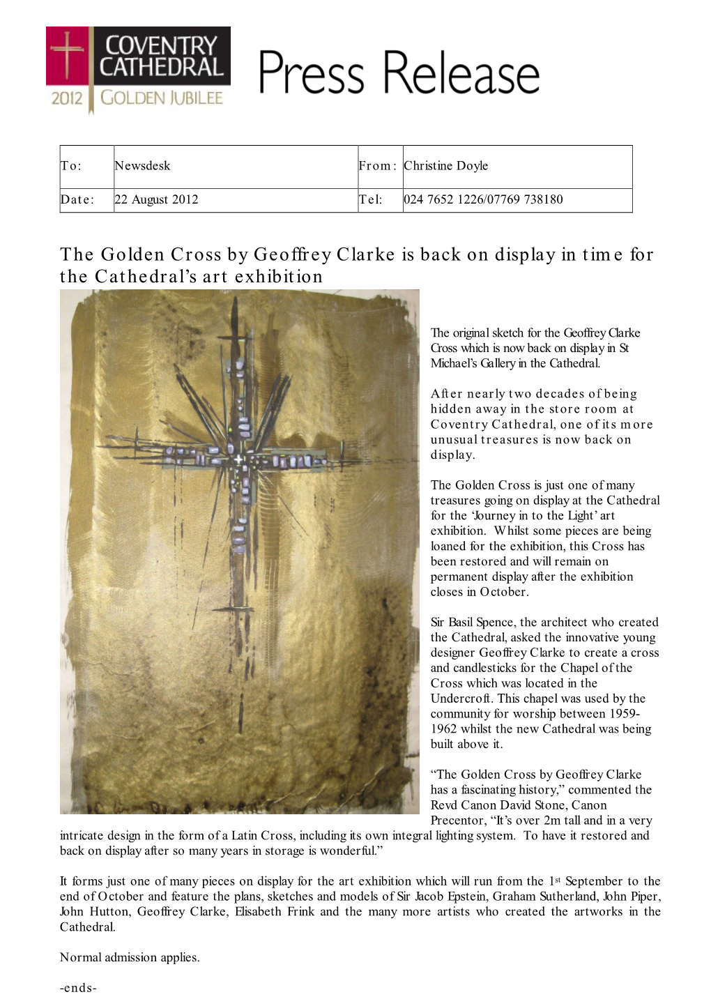 The Golden Cross by Geoffrey Clarke Is Back on Display in Time for the Cathedral’S Art Exhibition