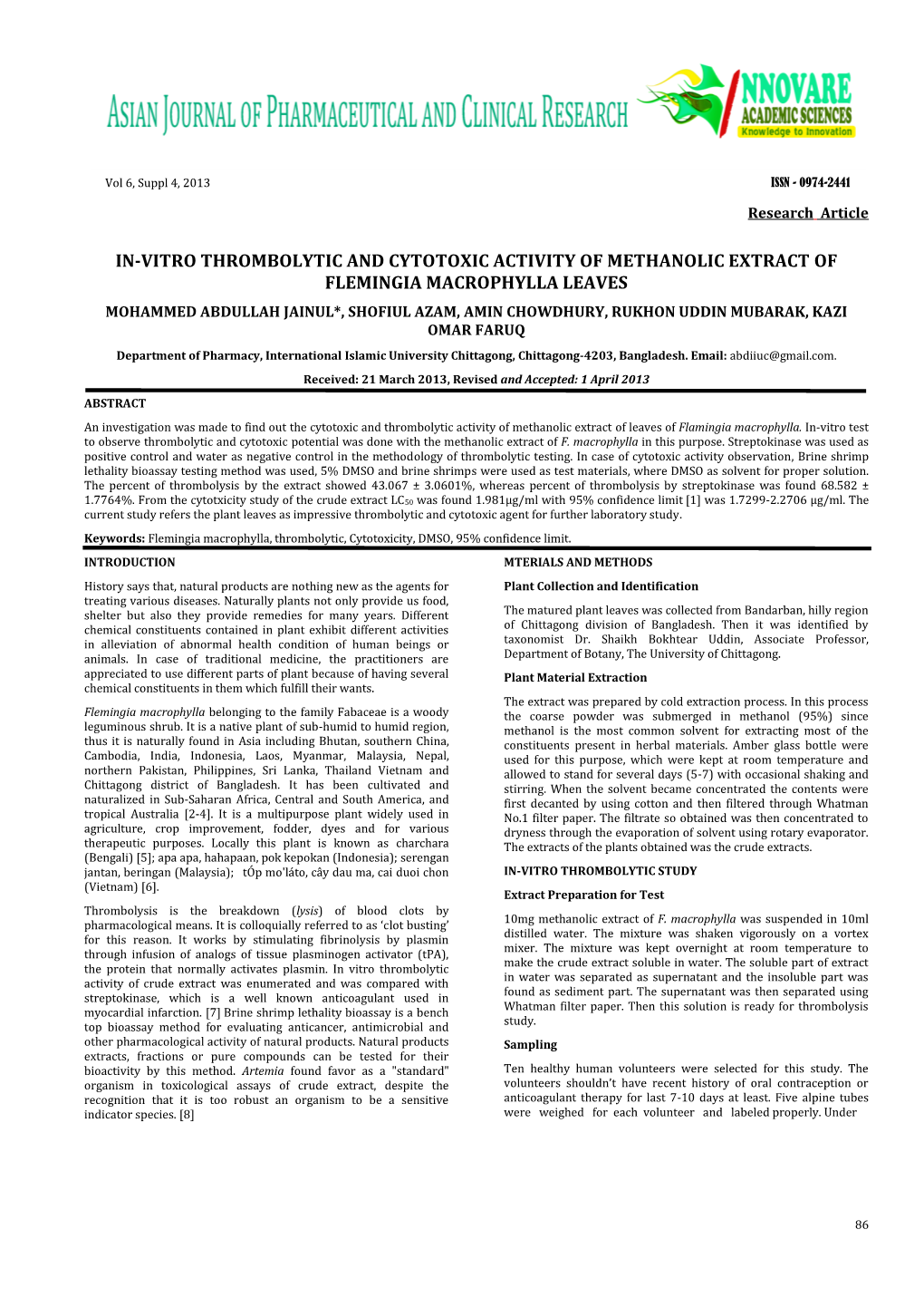 In-Vitro Thrombolytic and Cytotoxic Activity of Methanolic Extract Of