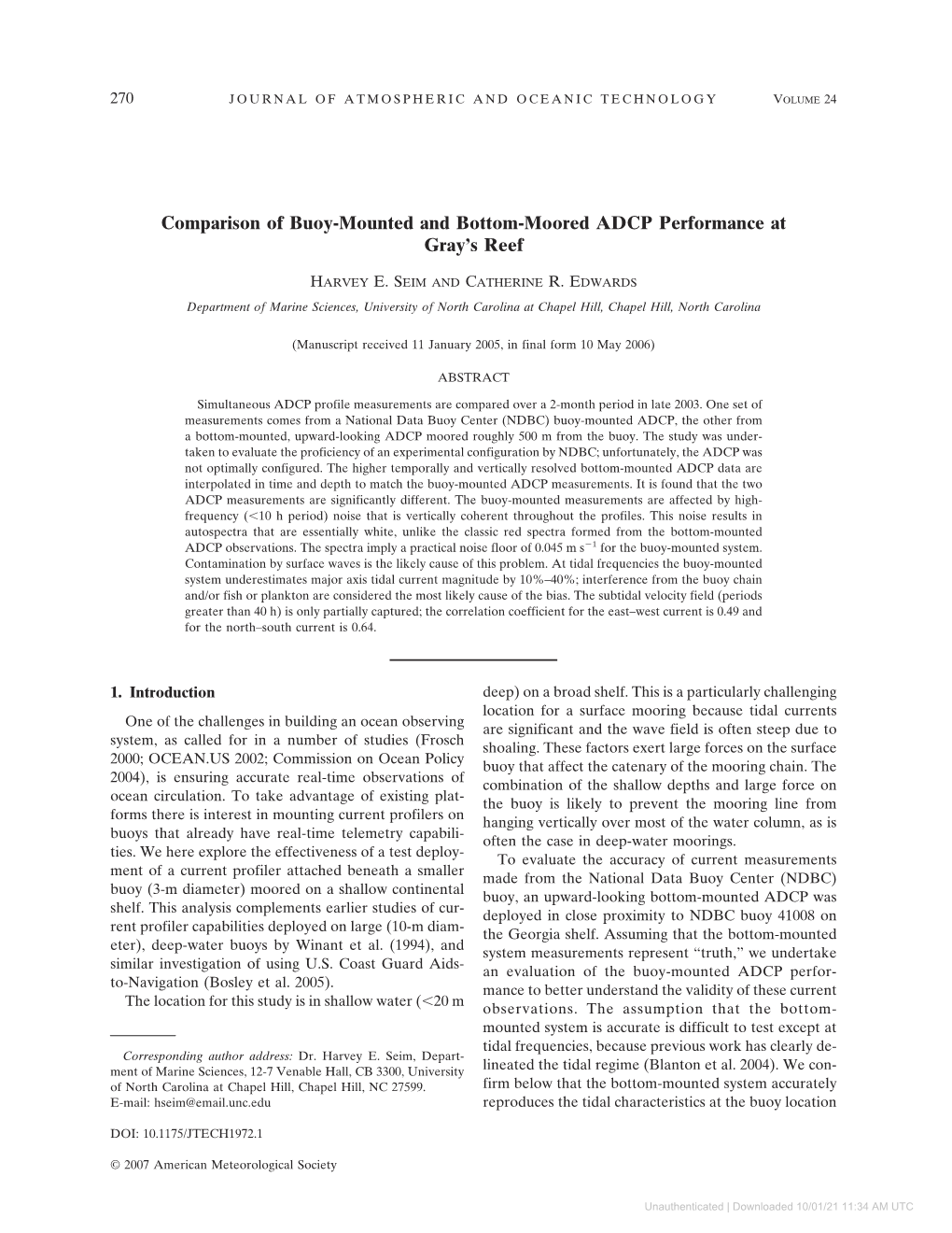 Comparison of Buoy-Mounted and Bottom-Moored ADCP Performance at Gray’S Reef