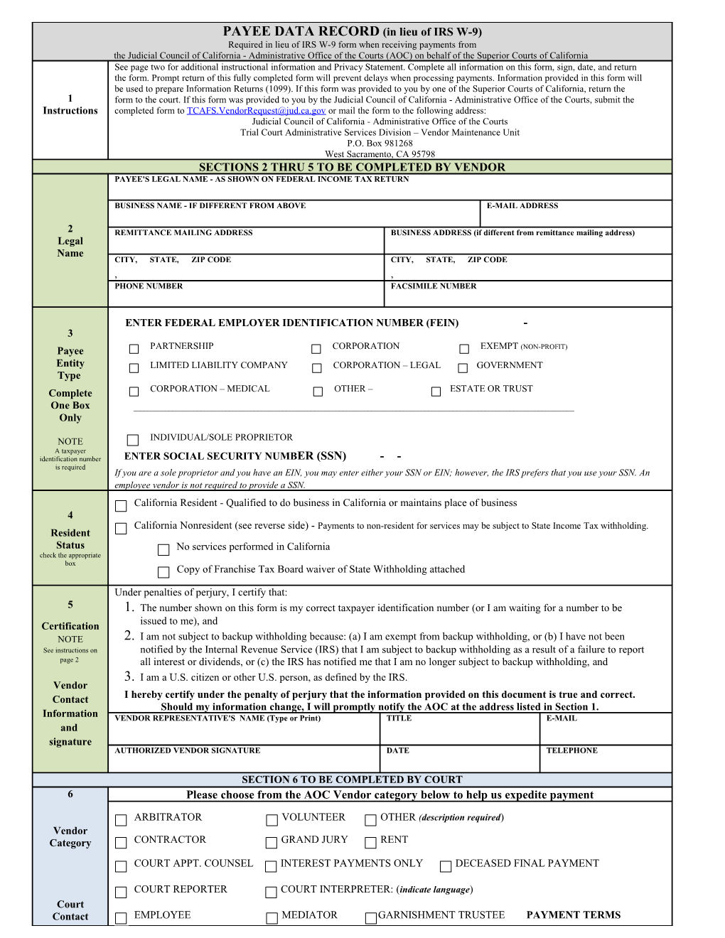 Exhibit 1 - Payee Data Record