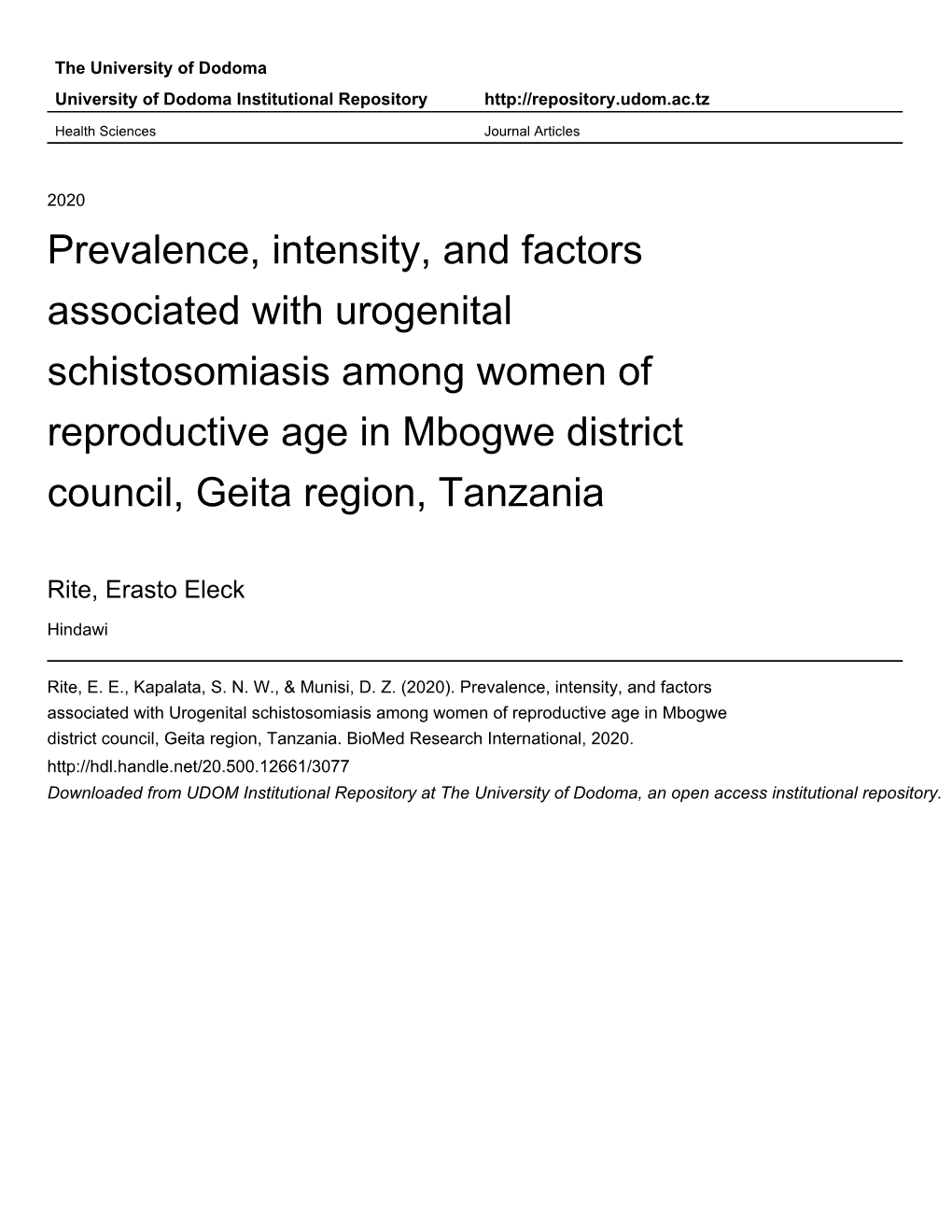Prevalence, Intensity, and Factors Associated with Urogenital Schistosomiasis Among Women of Reproductive Age in Mbogwe District Council, Geita Region, Tanzania